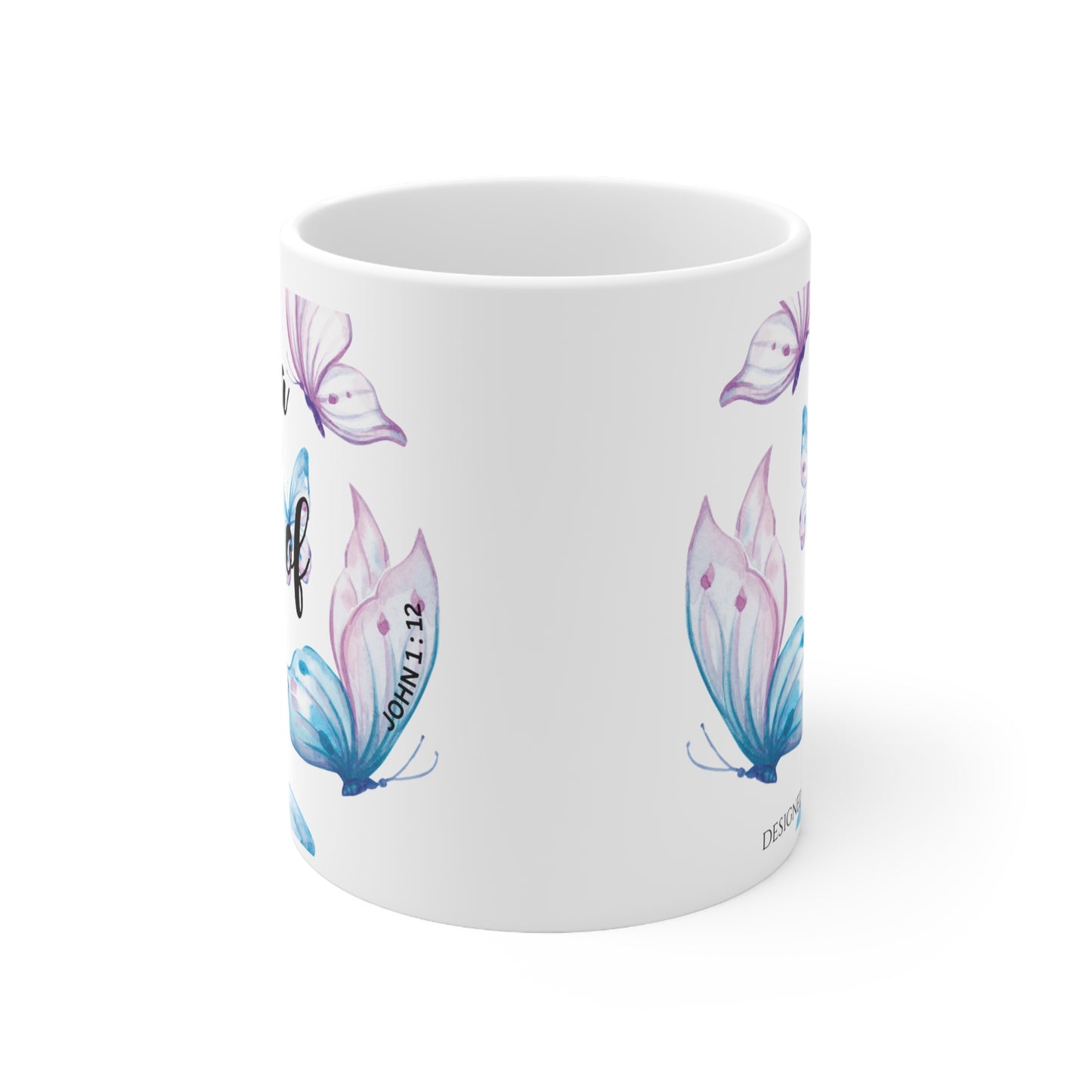 I Am a Child of God Ceramic Mug — Inspirational Faith Coffee Cup with Watercolor Butterflies, 11 oz