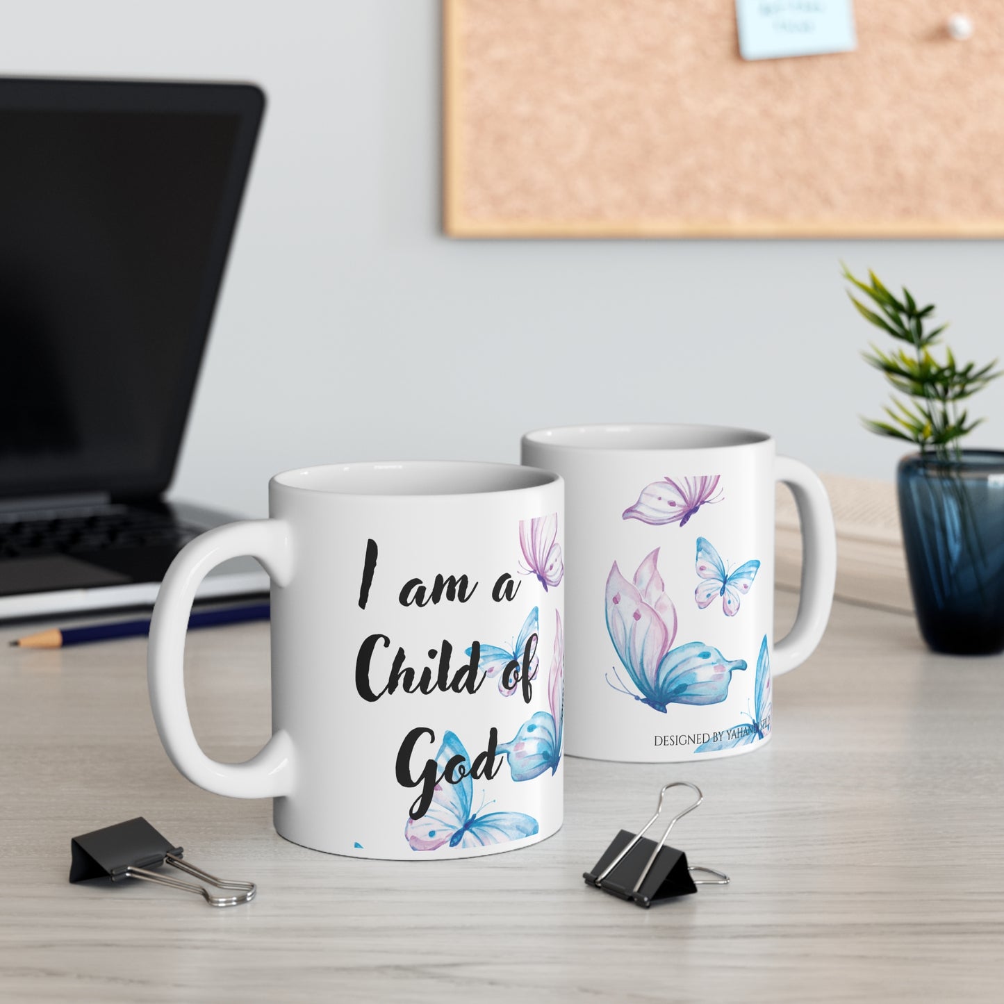 I Am a Child of God Ceramic Mug — Inspirational Faith Coffee Cup with Watercolor Butterflies, 11 oz
