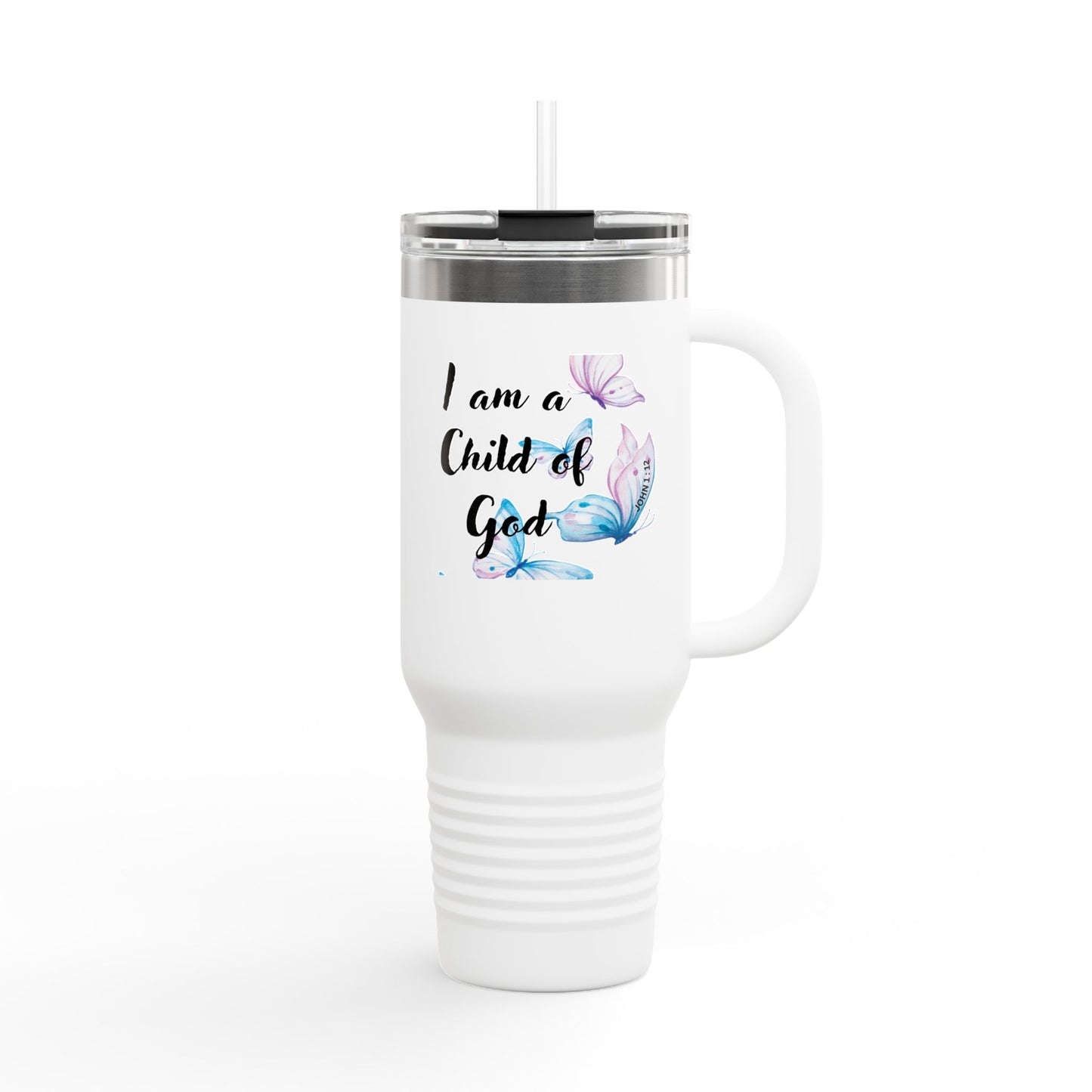 40oz Insulated Travel Mug — "I am a Child of God" Butterfly Design