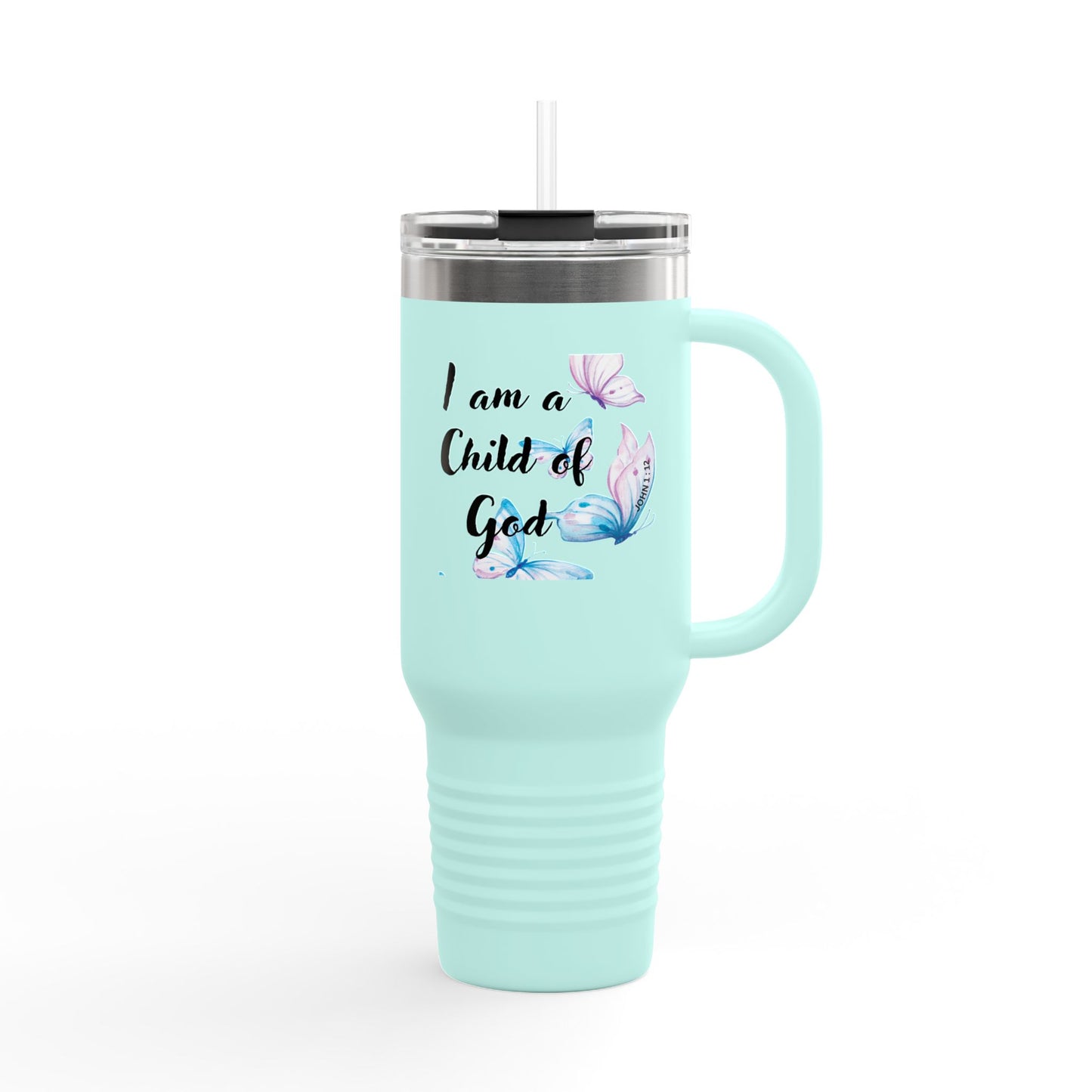 40oz Insulated Travel Mug — "I am a Child of God" Butterfly Design